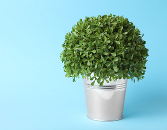 Photo of Beautiful artificial plant in flower pot on light blue background, space for text