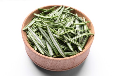 Photo of Wooden bowl of fresh green rosemary leaves on white background