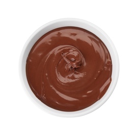 Photo of Bowl of sweet chocolate cream isolated on white, top view