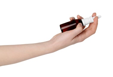 Photo of Woman holding nasal spray on white background, closeup