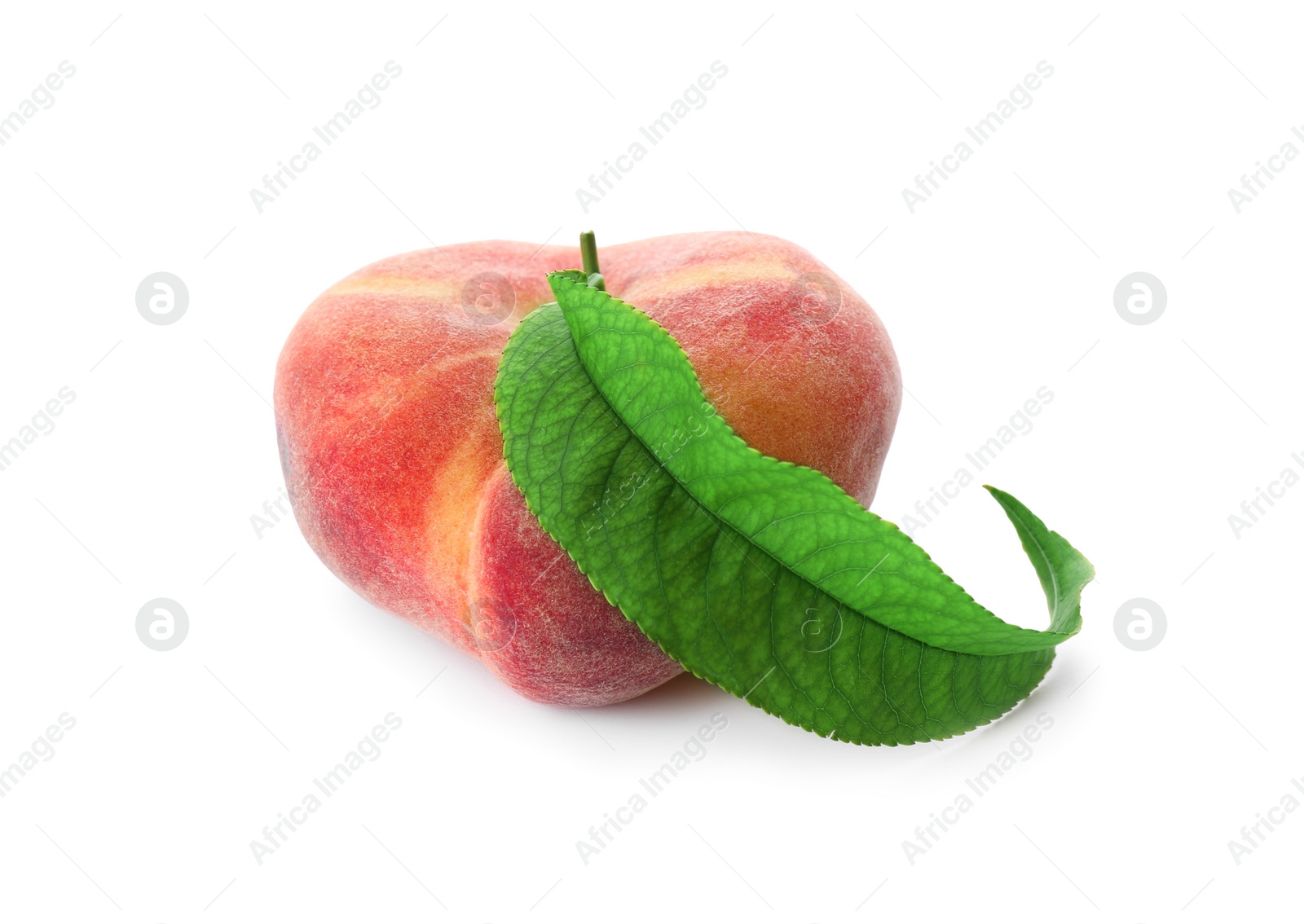 Photo of Fresh donut peach with leaf isolated on white
