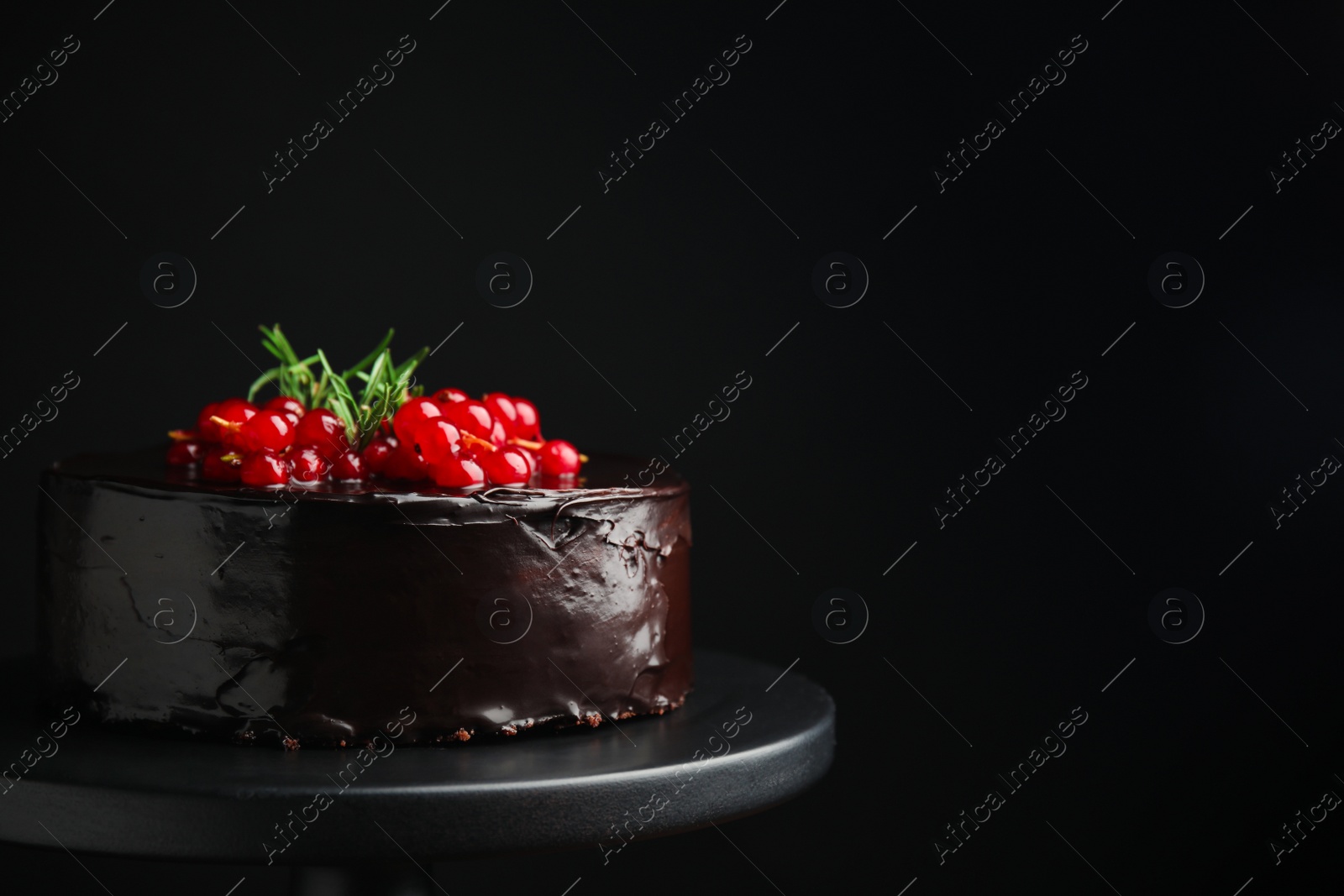 Photo of Tasty homemade chocolate cake with berries and rosemary on dessert stand against black background. Space for text