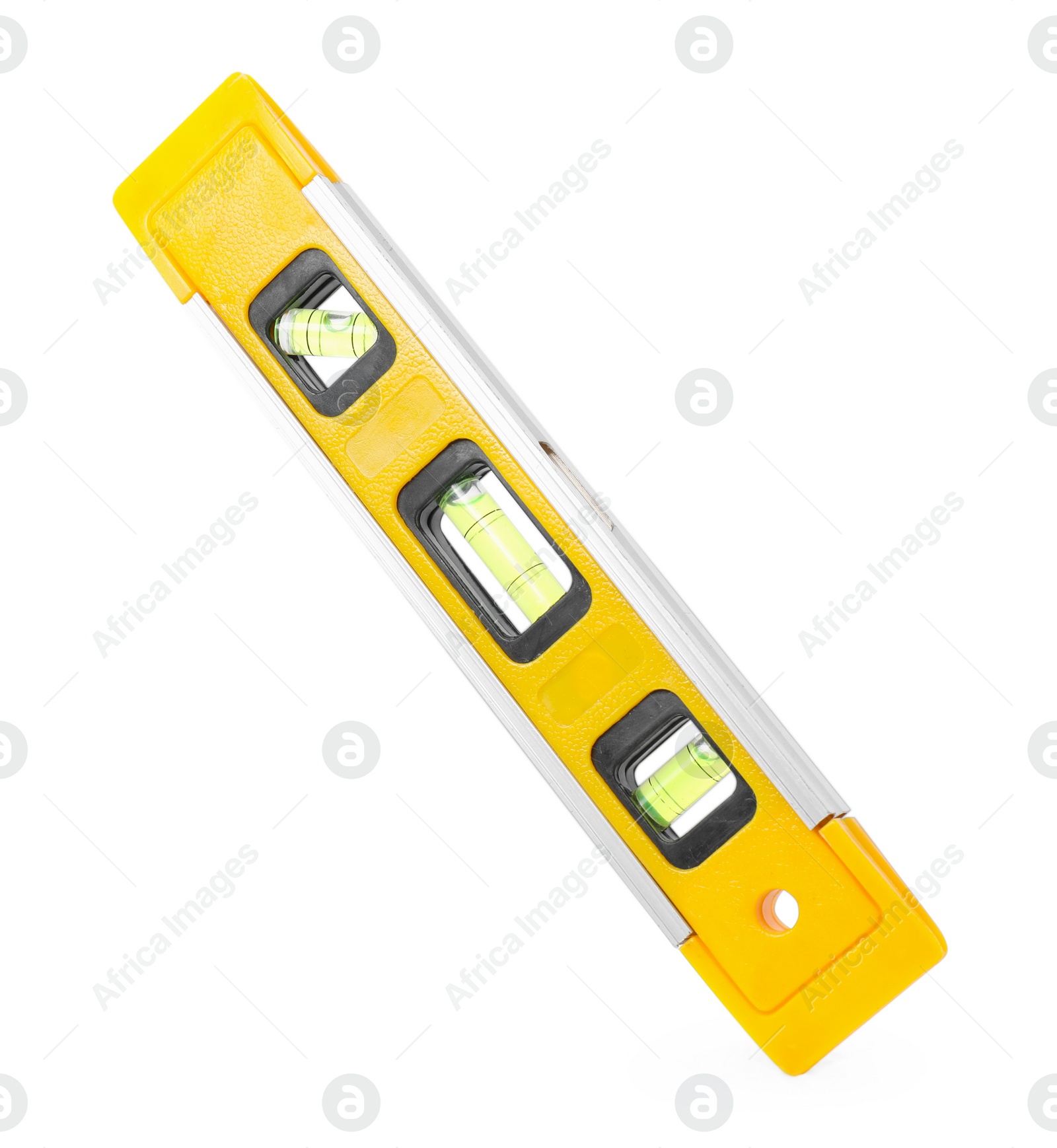 Photo of Yellow building level isolated on white. Construction tool