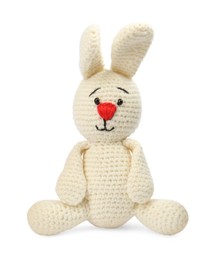 Photo of Cute crocheted bunny isolated on white. Children toy