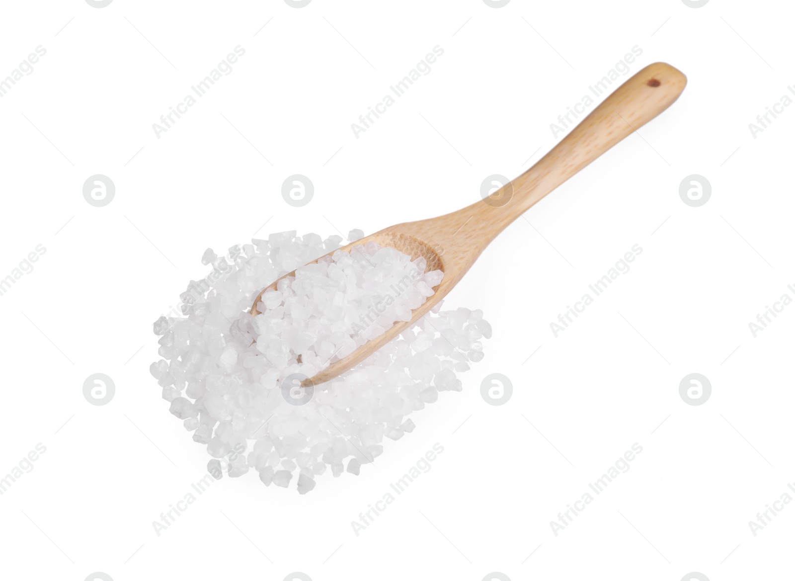 Photo of Wooden spoon with natural sea salt isolated on white