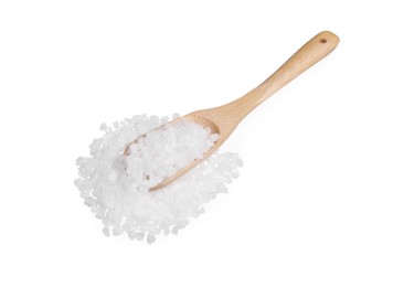 Wooden spoon with natural sea salt isolated on white