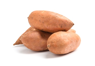 Photo of Whole ripe sweet potatoes on white background