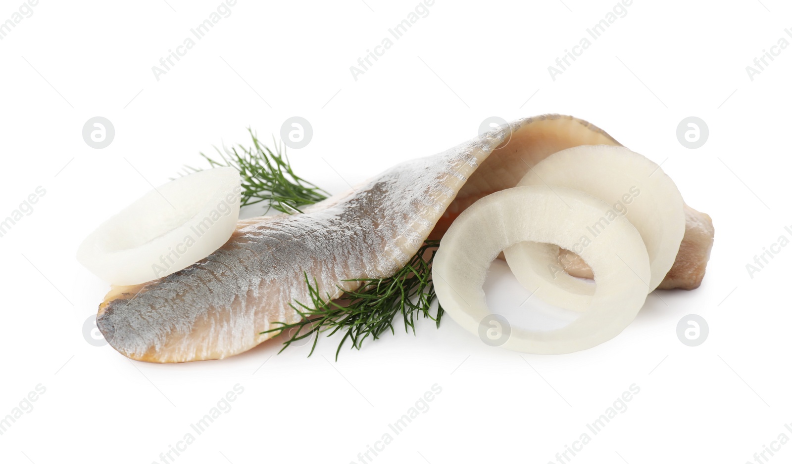 Photo of Delicious salted herring fillet with onion rings and dill on white background