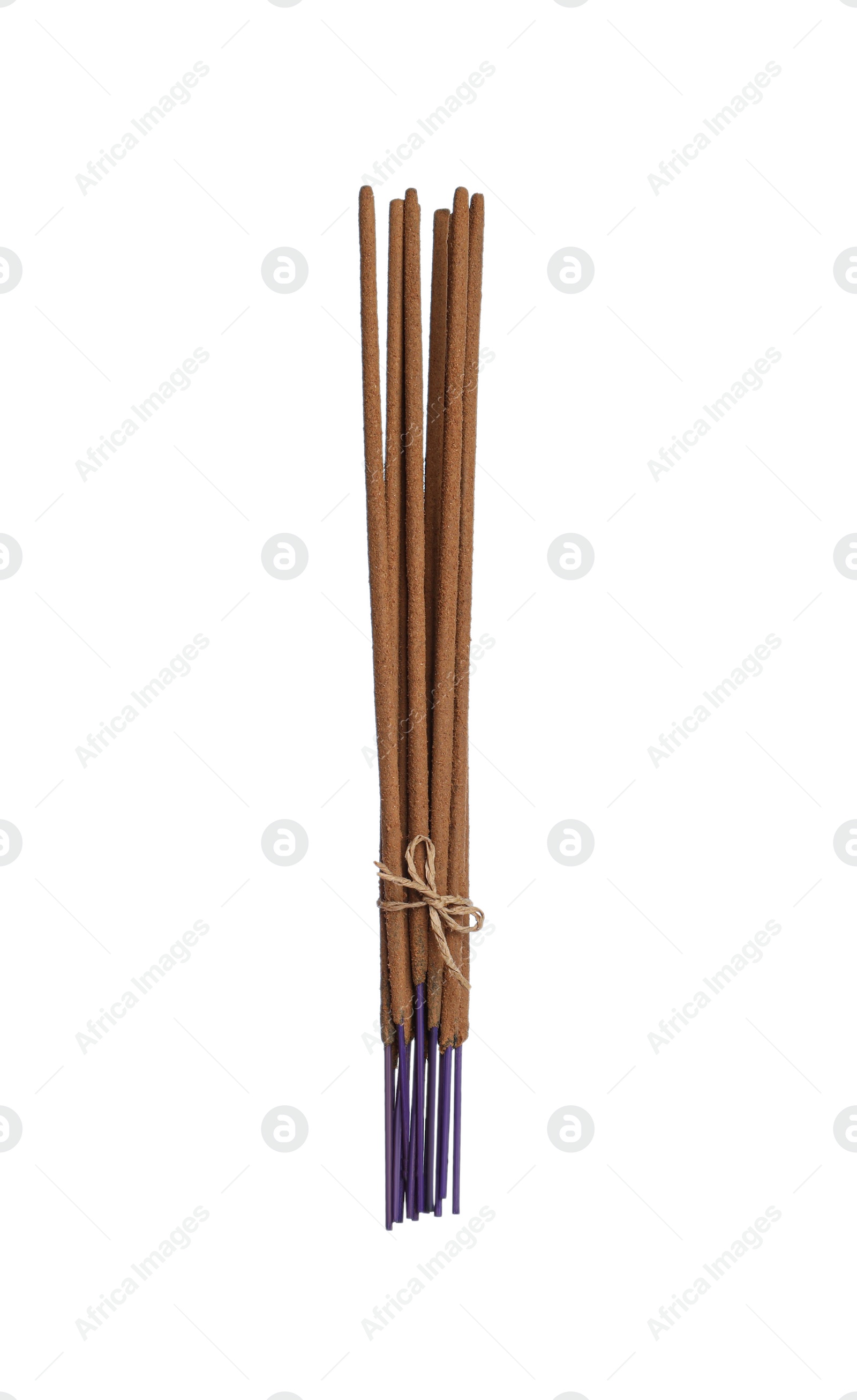 Photo of Many aromatic incense sticks tied with twine on white background