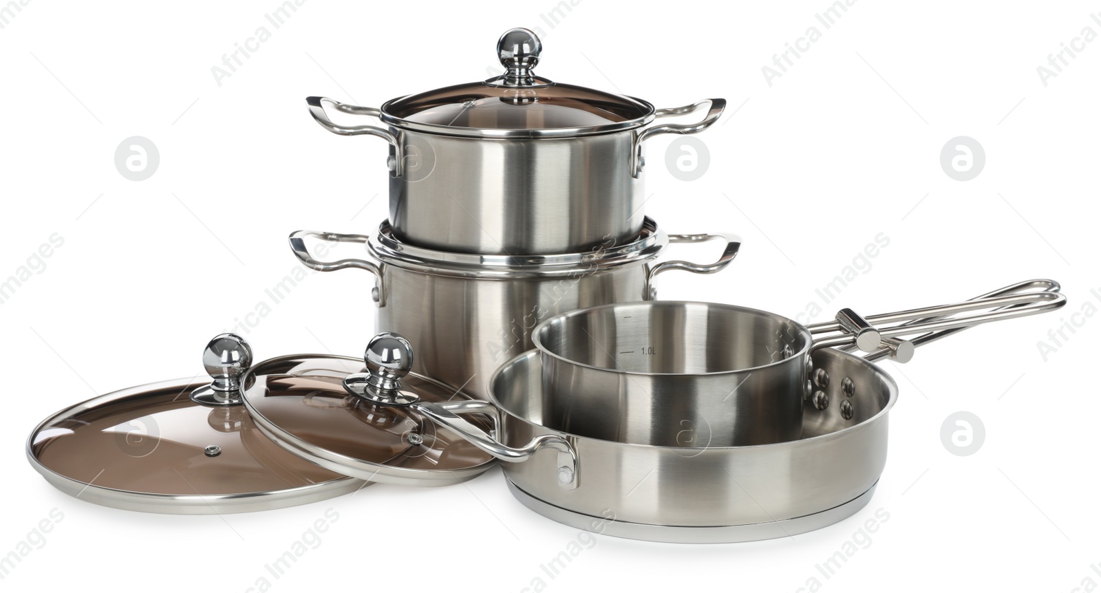 Photo of Set of stainless steel cookware on white background