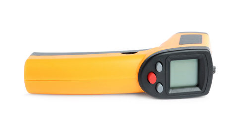 Photo of Modern non-contact infrared thermometer on white background