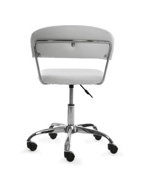 Photo of White leather office chair isolated on white, back view