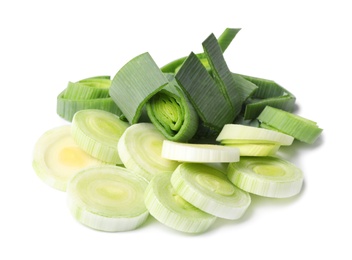 Fresh raw leek on white background. Ripe onion