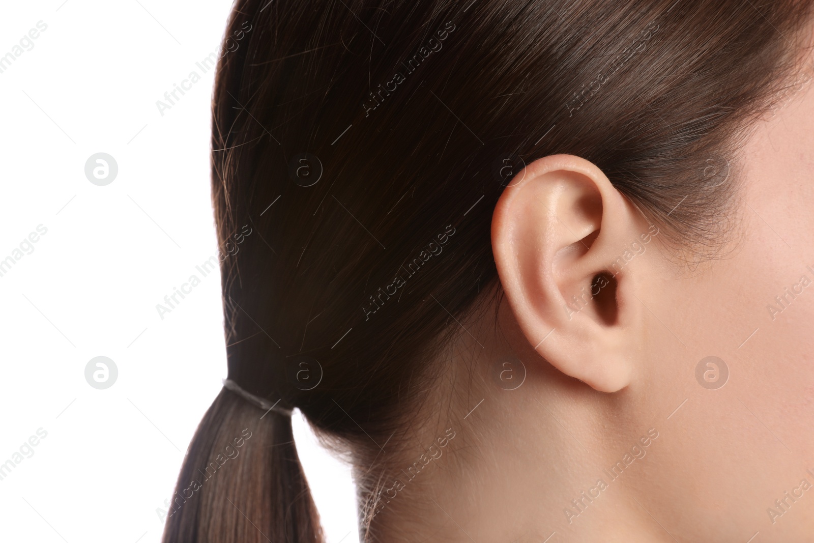 Photo of Woman on white background, closeup view of ear