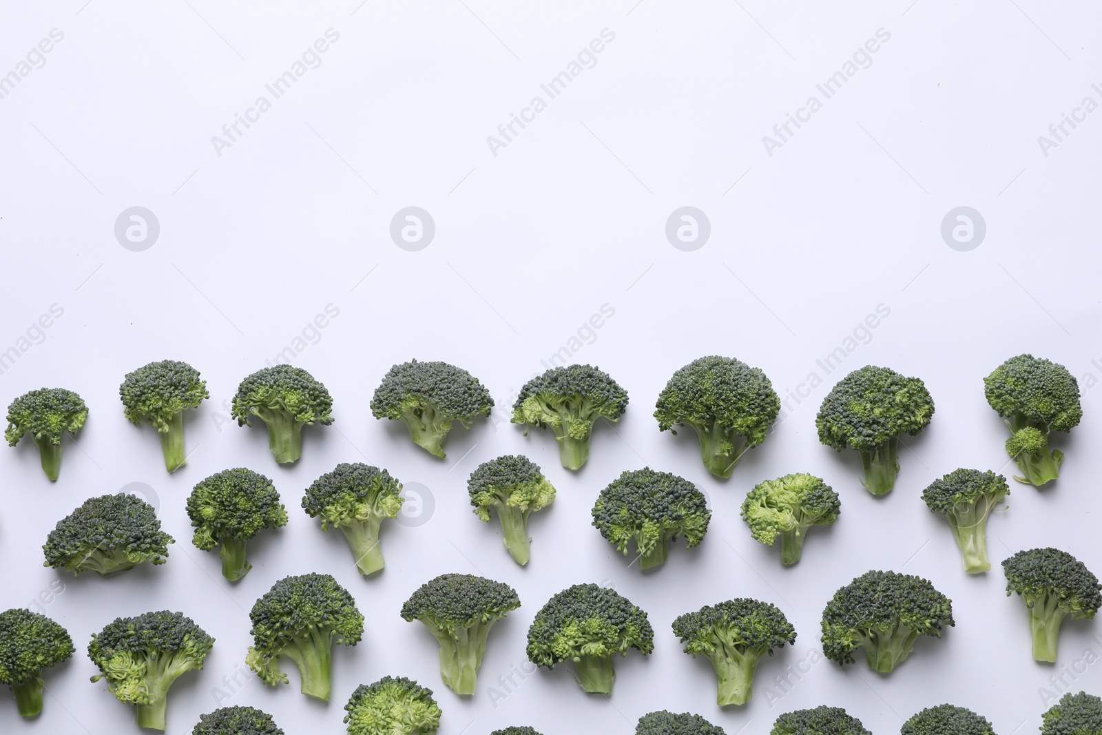 Photo of Many fresh green broccoli pieces on white background, flat lay. Space for text