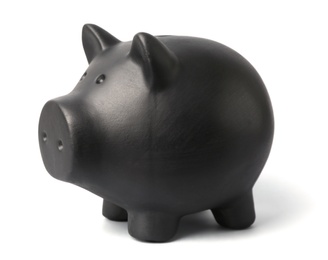 Black piggy bank on gray background. Money saving