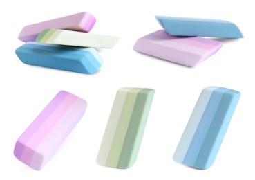 Image of Collage of rubber erasers on white background