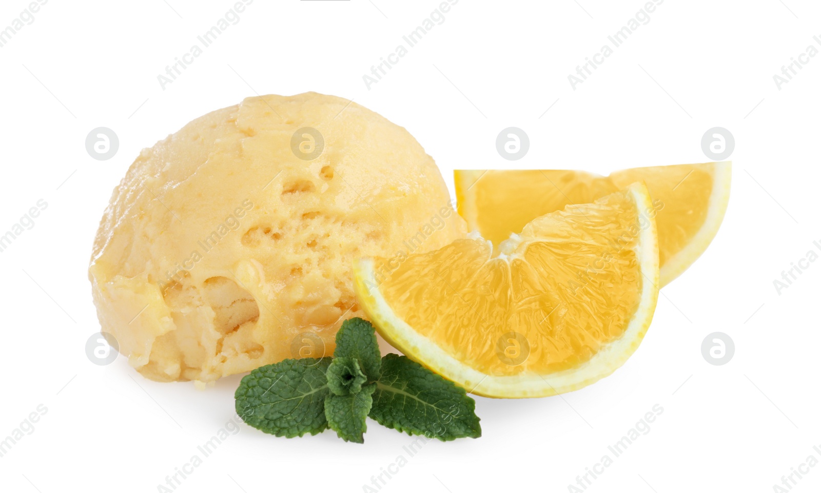 Photo of Scoop of delicious ice cream with lemon and mint on white background