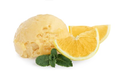 Scoop of delicious ice cream with lemon and mint on white background