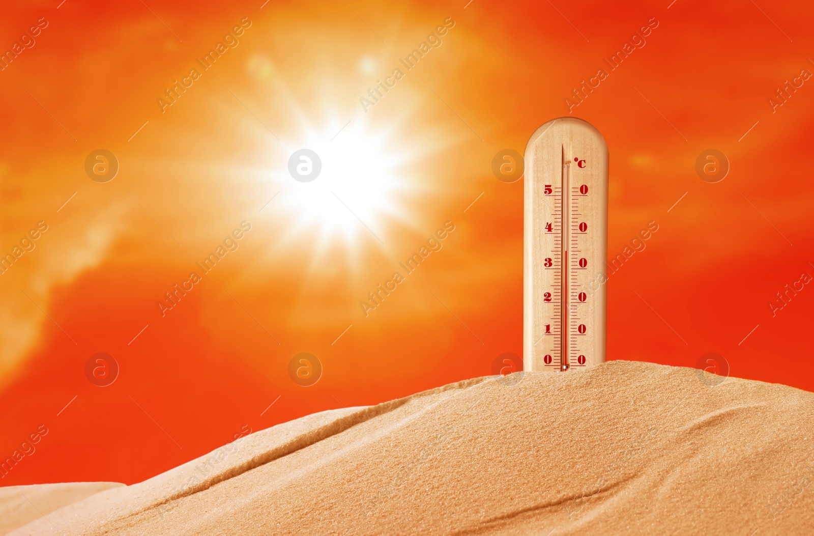 Image of Weather thermometer with high temperature outdoors on hot sunny day. Heat stroke warning