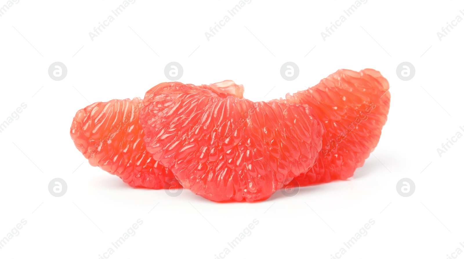 Photo of Slices of ripe juicy grapefruit on white background