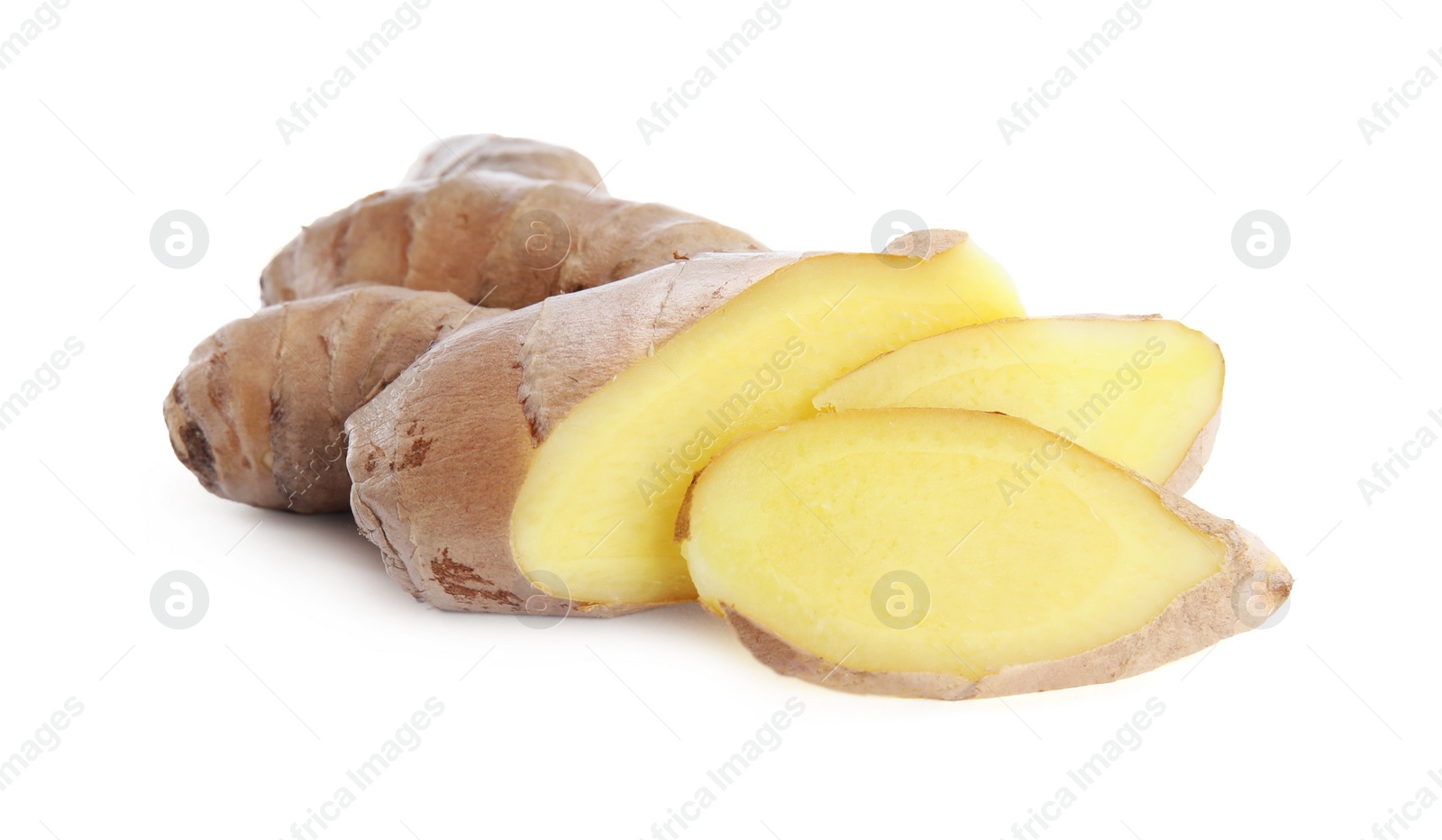 Photo of Cut fresh ginger isolated on white background