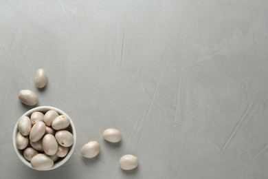 Fresh raw jackfruit seeds on grey table, flat lay. Space for text