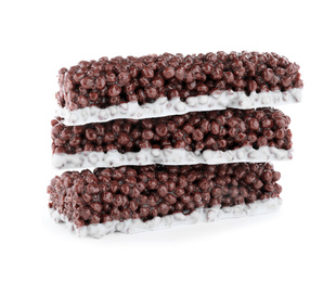 Photo of Delicious rice crispy treats on white background