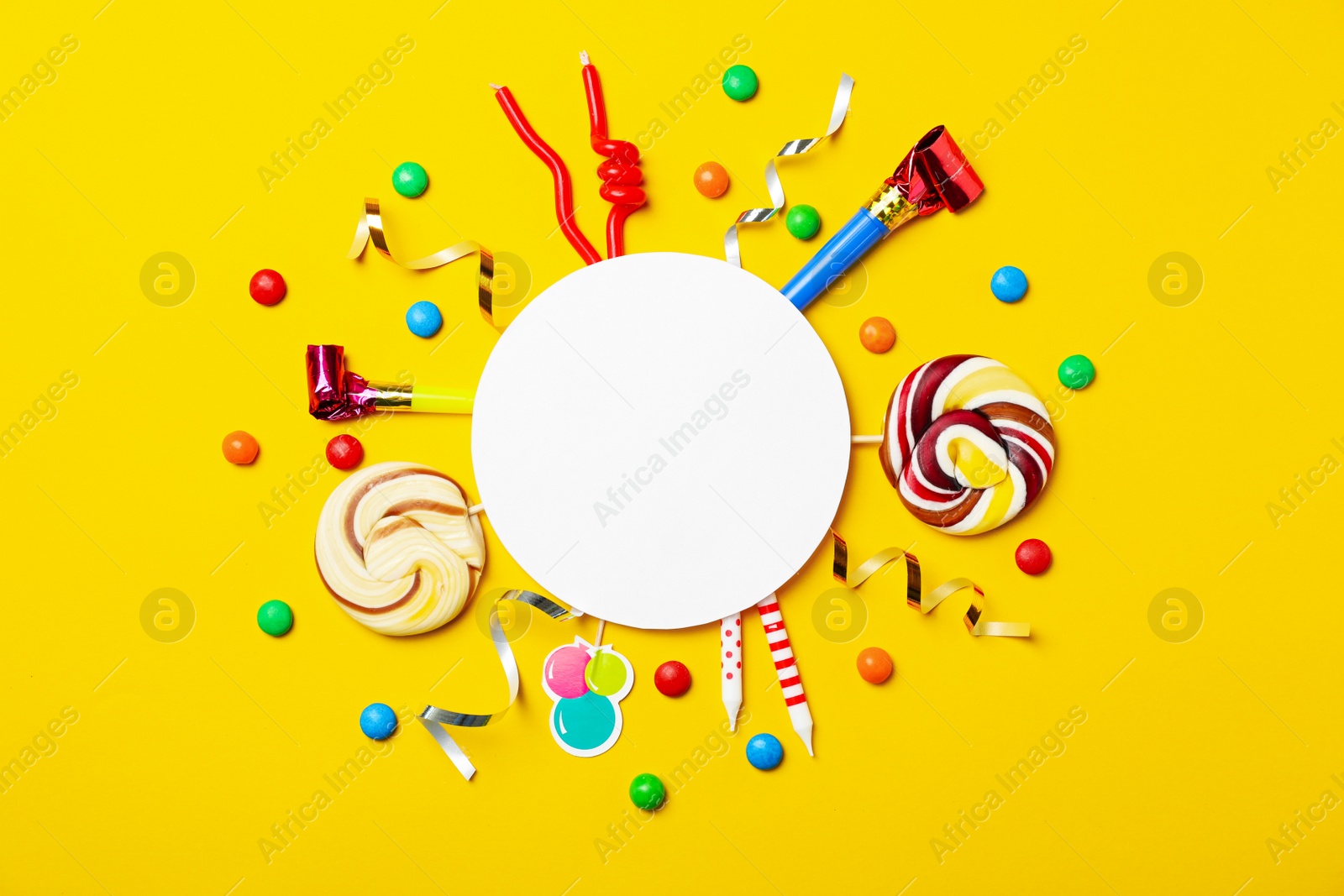 Photo of Flat lay composition with birthday party items on color background