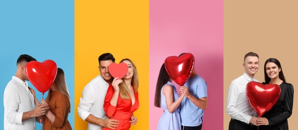 Romantic date. Different lovely couples on color backgrounds, set of photos