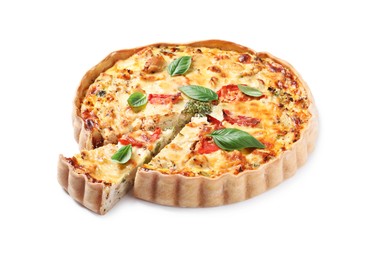 Photo of Tasty quiche with tomatoes, basil and cheese isolated on white