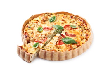 Tasty quiche with tomatoes, basil and cheese isolated on white