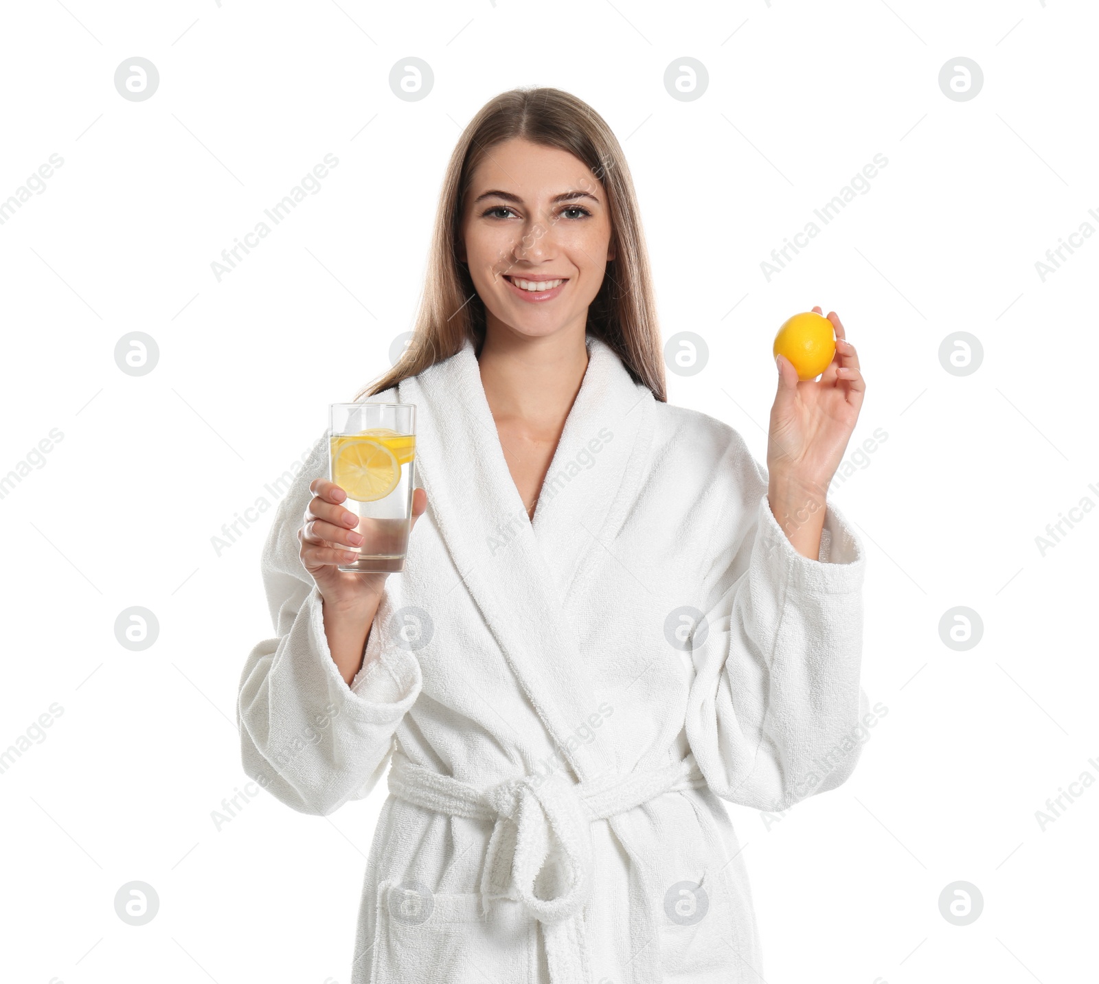 Photo of Young woman with glass of lemon water on white background