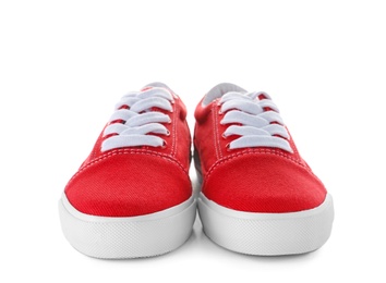 Photo of Pair of stylish new shoes on white background