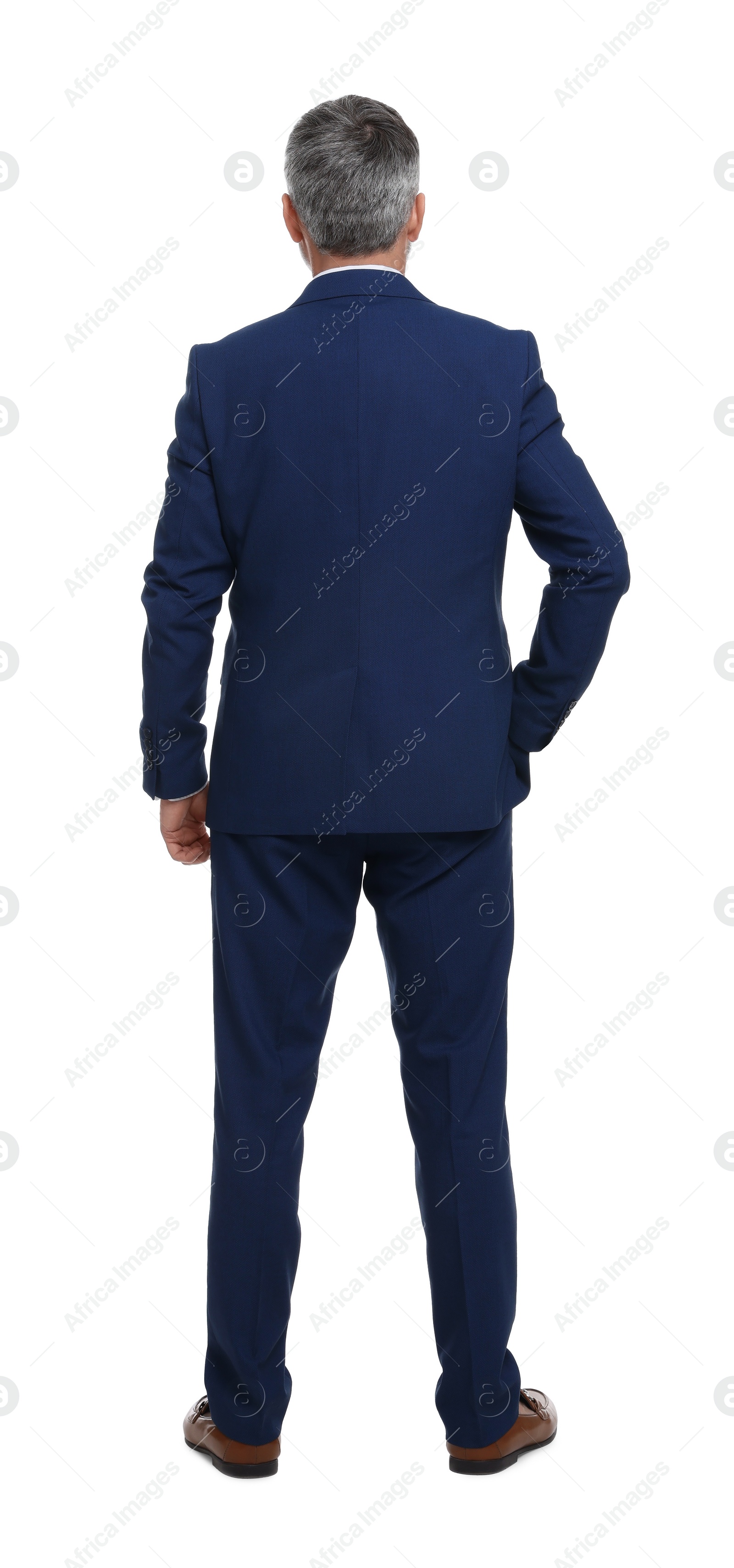 Photo of Mature businessman in stylish clothes posing on white background, back view