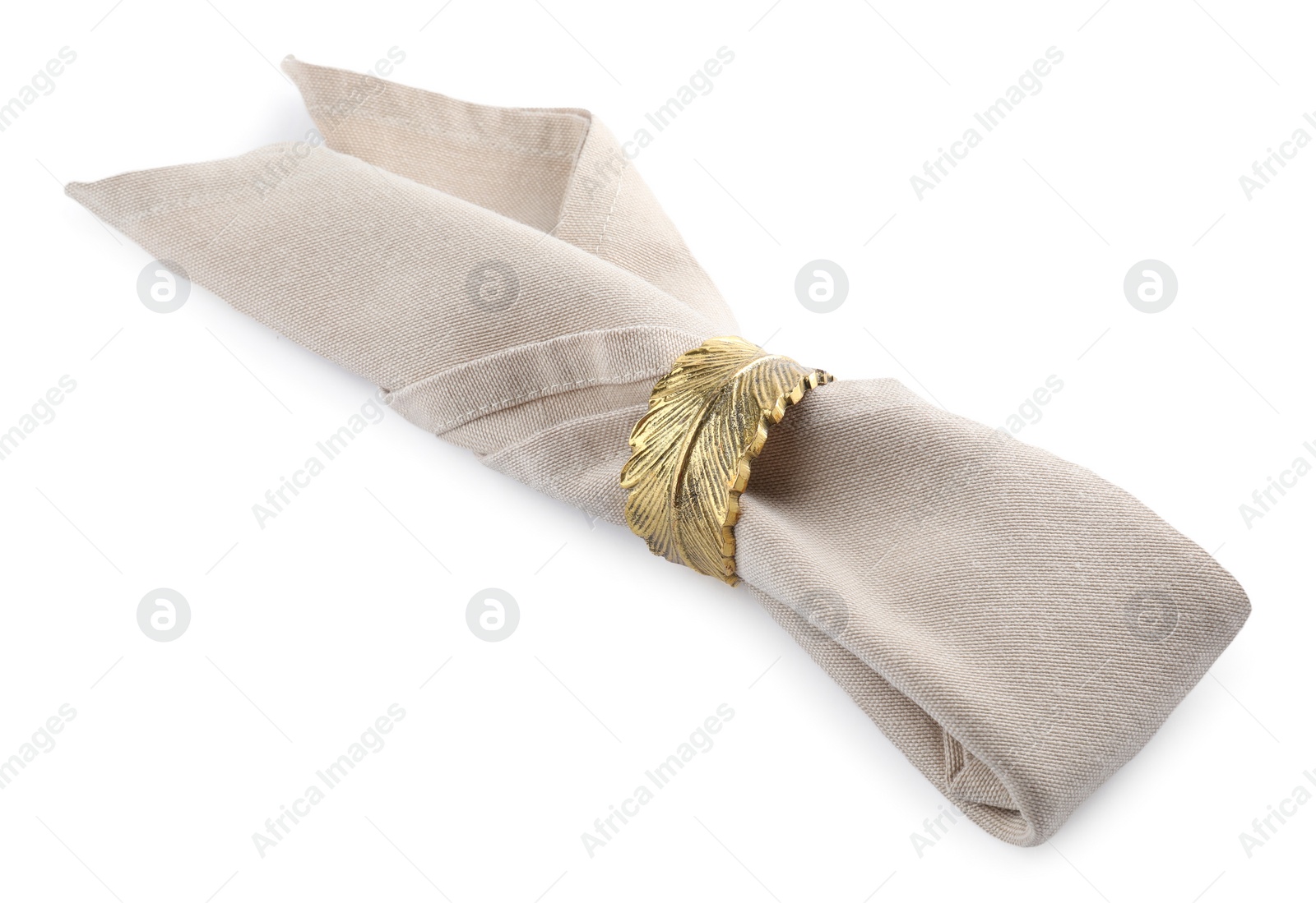 Photo of Napkin with decorative ring for table setting isolated on white