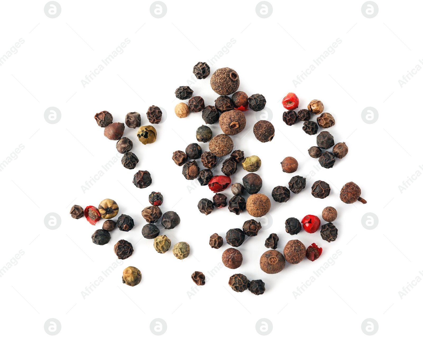 Photo of Different peppers mix on white background, top view