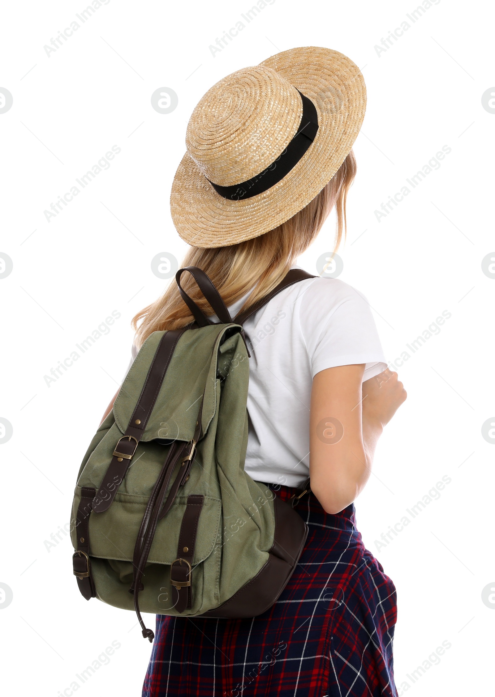 Photo of Woman with backpack and straw hat on white background, back view. Summer travel