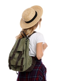 Photo of Woman with backpack and straw hat on white background, back view. Summer travel