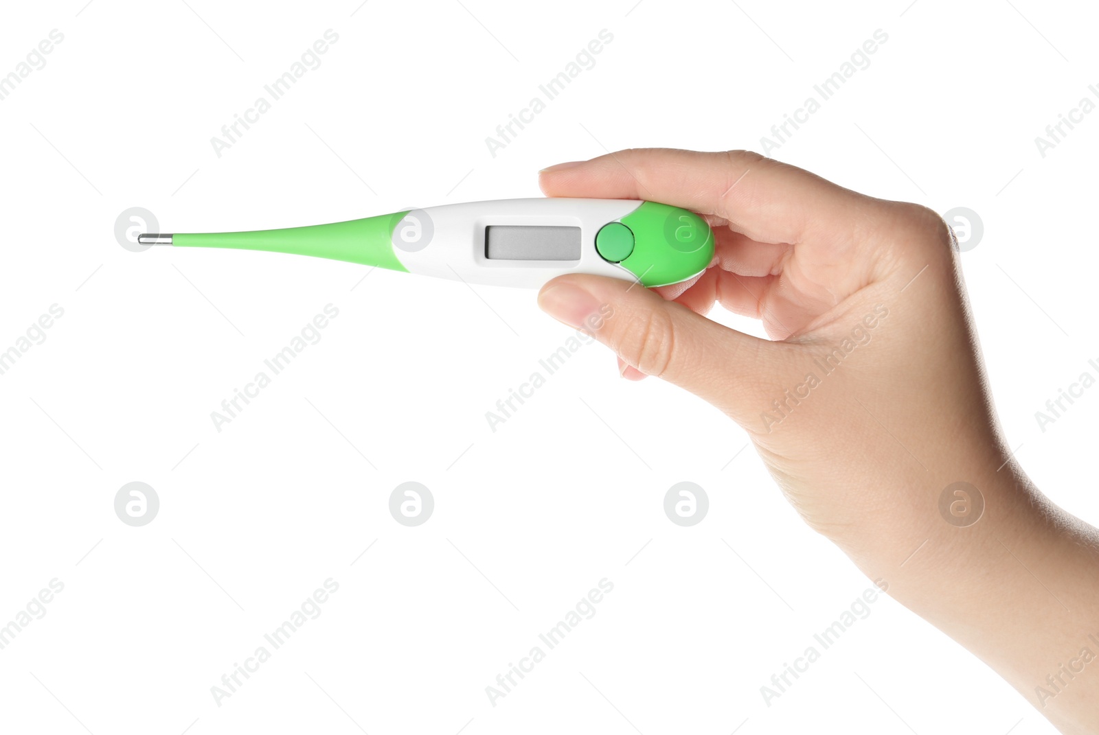 Photo of Woman holding digital thermometer on white background, closeup