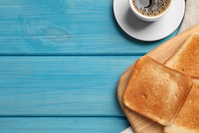 Photo of Slices of tasty toasted bread and aromatic coffee on turquoise wooden table, flat lay. Space for text
