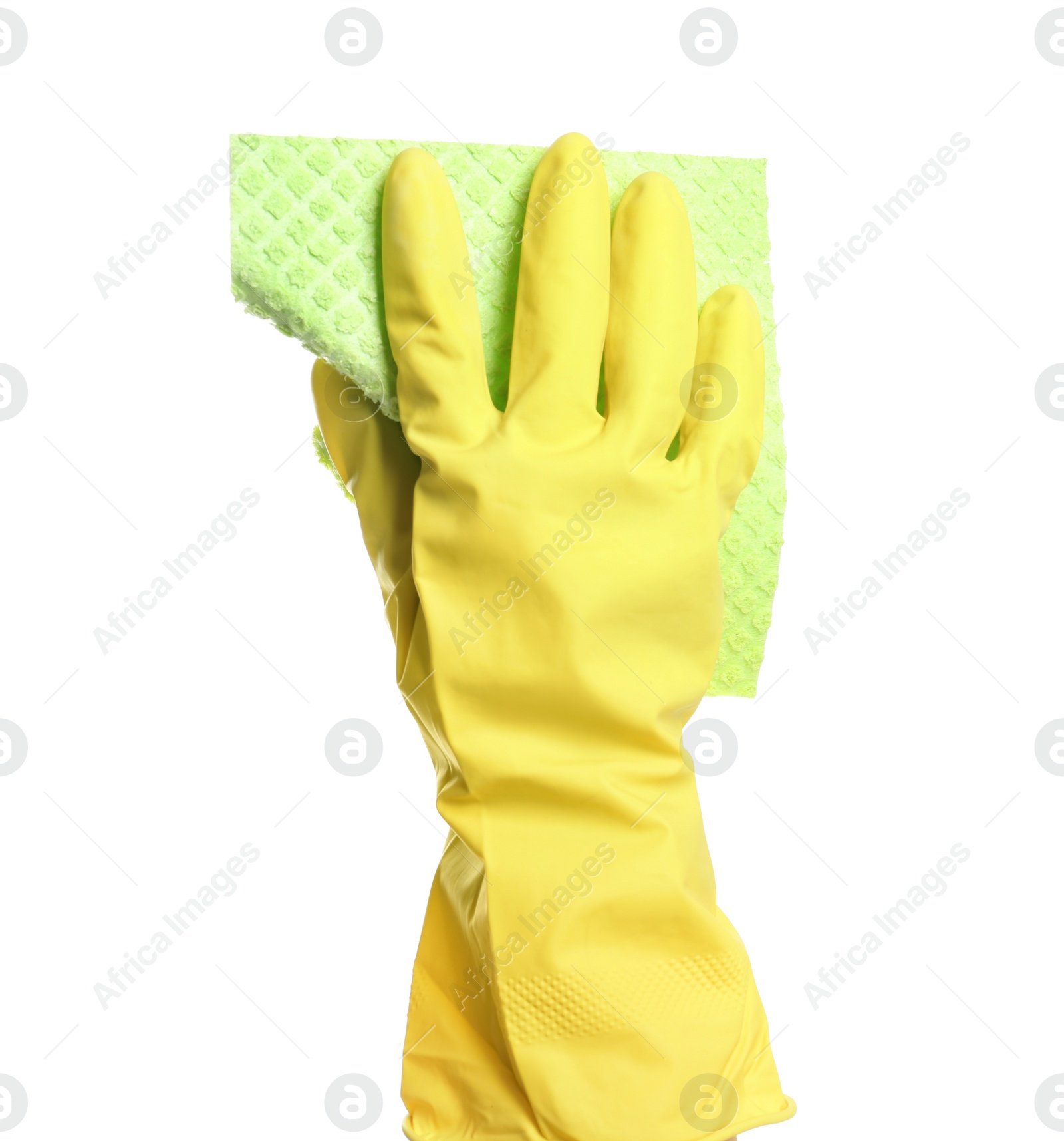 Photo of Person in rubber glove with rag on white background, closeup of hand