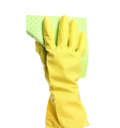 Photo of Person in rubber glove with rag on white background, closeup of hand