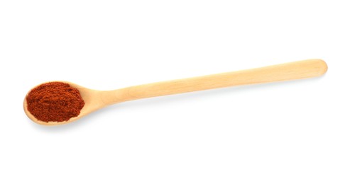 Wooden spoon with aromatic paprika powder isolated on white, top view