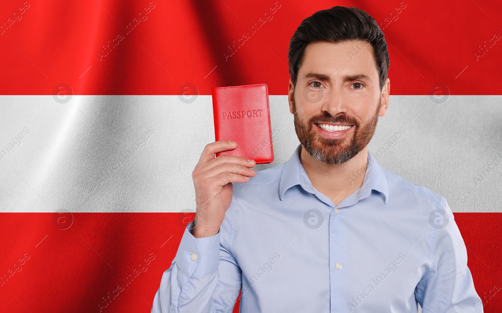 Image of Immigration. Happy man with passport against national flag of Austria, space for text. Banner design