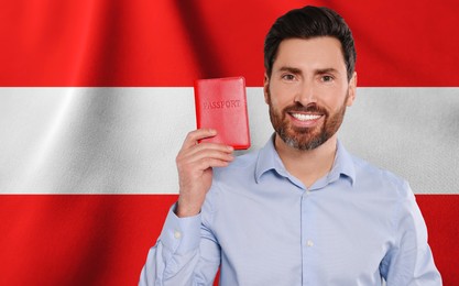 Immigration. Happy man with passport against national flag of Austria, space for text. Banner design