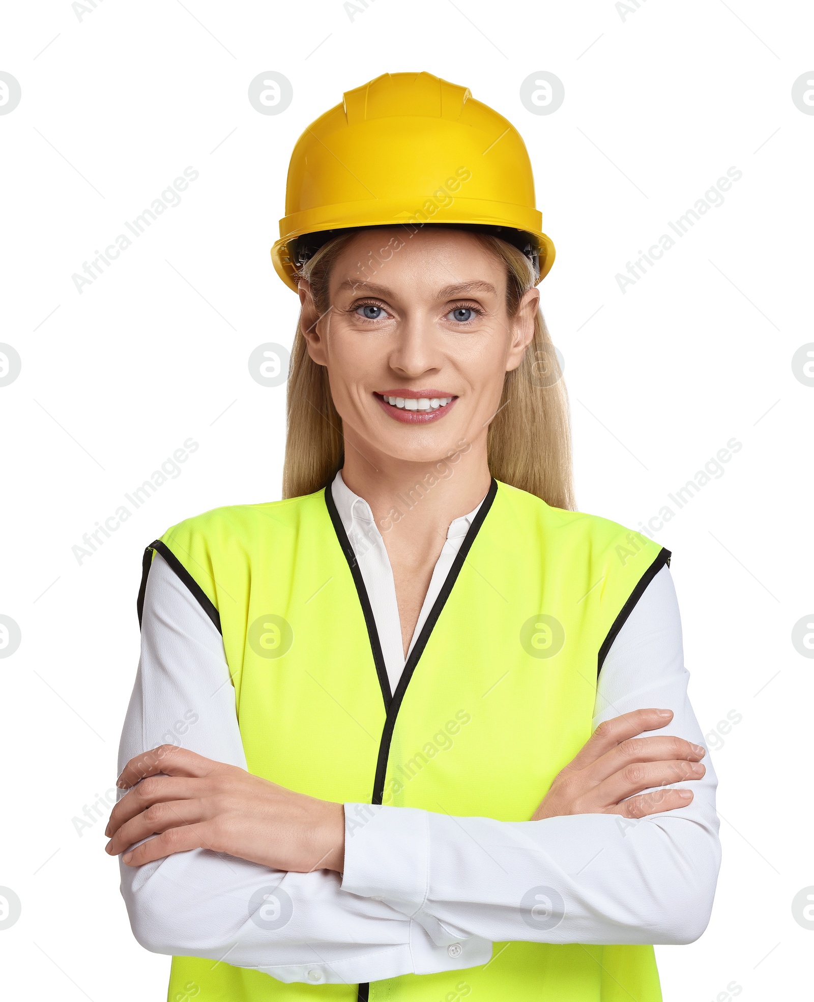 Photo of Engineer in hard hat on white background