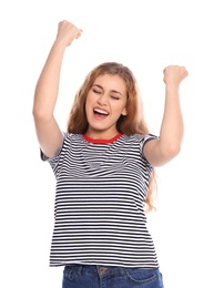 Photo of Happy young woman celebrating victory on white background