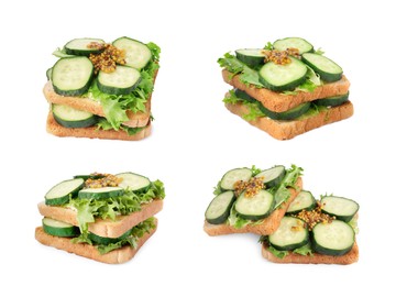 Image of Collage with tasty cucumber sandwiches on white background