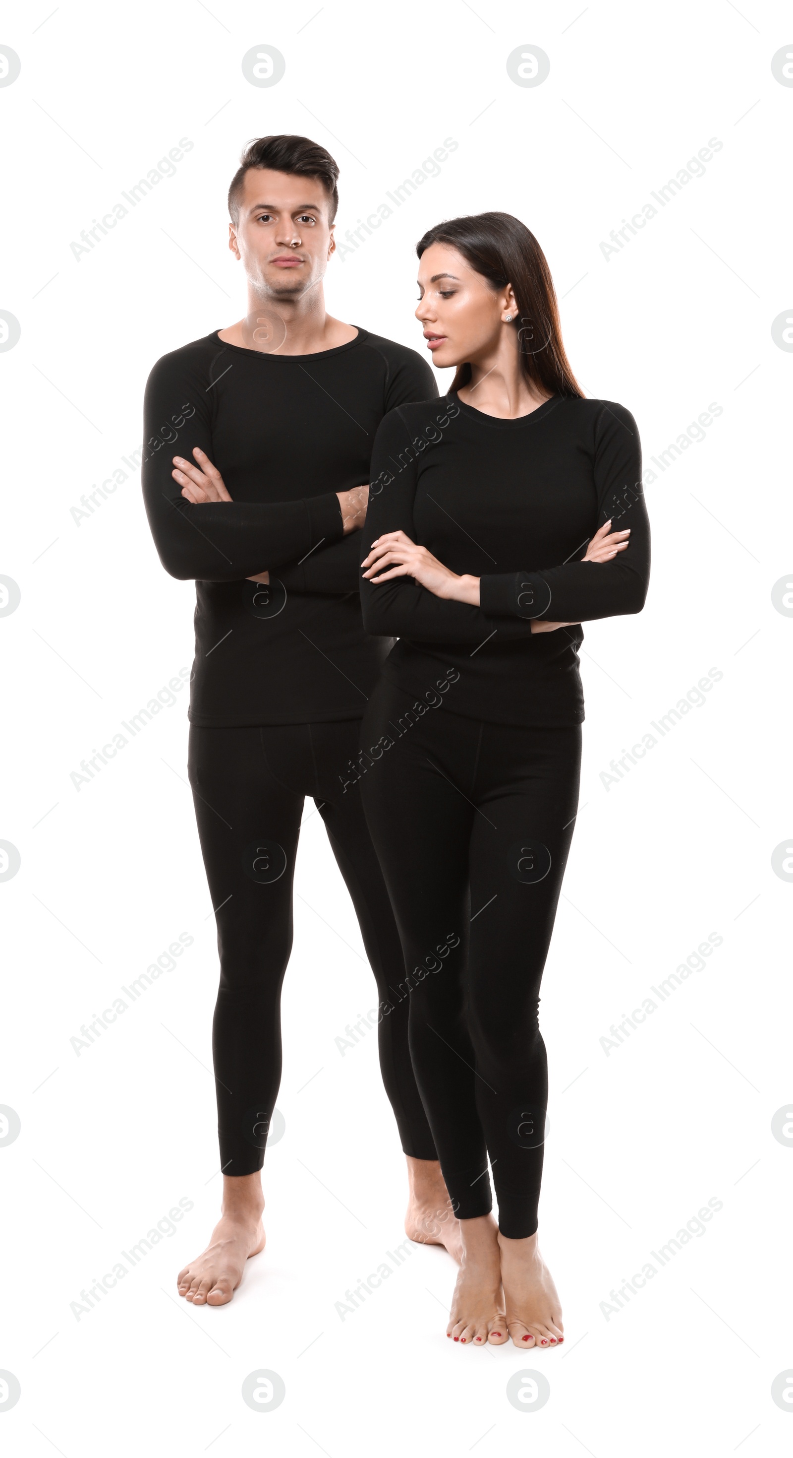 Photo of Couple wearing thermal underwear isolated on white